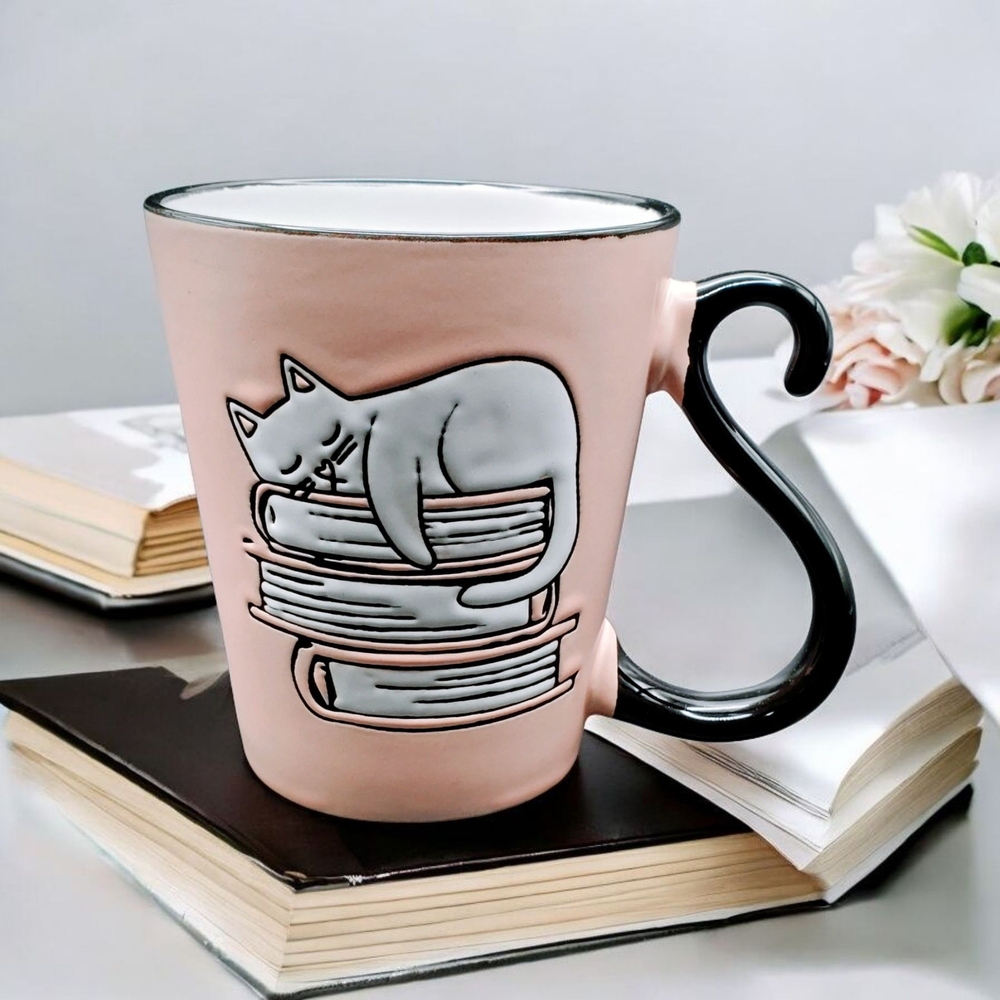 Cat on Books Pink Coffee /Tea Mug Cat Tail Handle